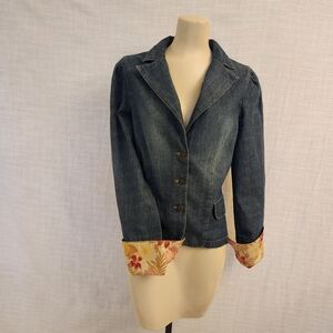 XOXO Jeans W Med Funky Denim Blazer W/ Wide Contrast Floral Printed Cuffs A407